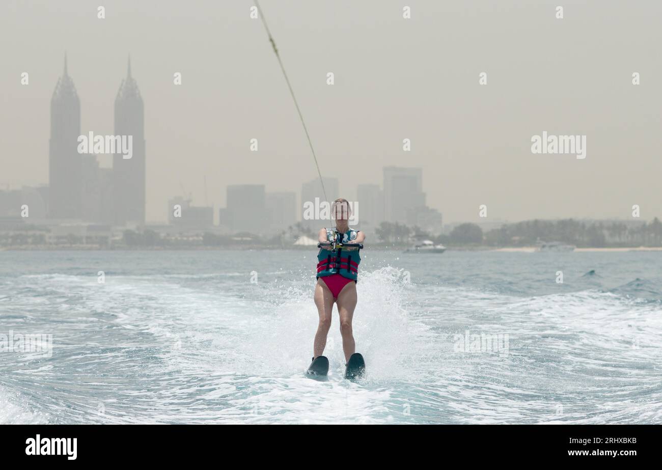 Image ©Licensed to Parsons Media. 14/04/2022. Dubai, United Arab Emirates. Water skiing on the Palm Jumeirah in Dubai. Picture by Andrew Parsons / Parsons Media Stock Photo