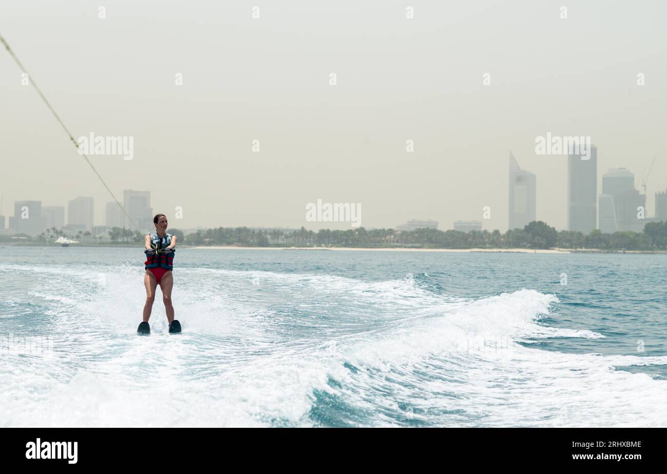Image ©Licensed to Parsons Media. 14/04/2022. Dubai, United Arab Emirates. Water skiing on the Palm Jumeirah in Dubai. Picture by Andrew Parsons / Parsons Media Stock Photo