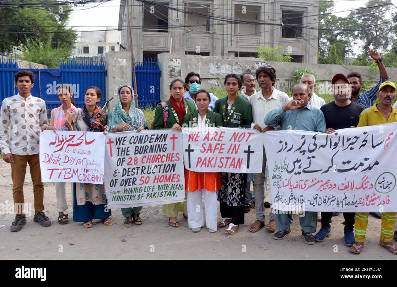 Members of Christian Community are holding protest demonstration against attack on churches in Jaranwala, at Lahore press club on Saturday, August 19, 2023. Stock Photo