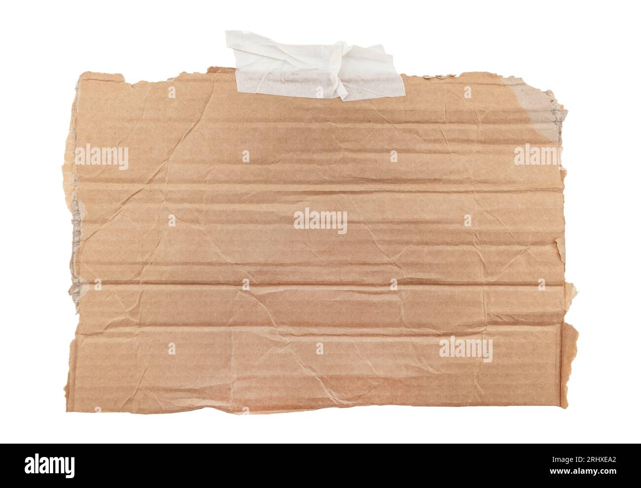 A torn piece of cardboard with tape on a white background. Box
