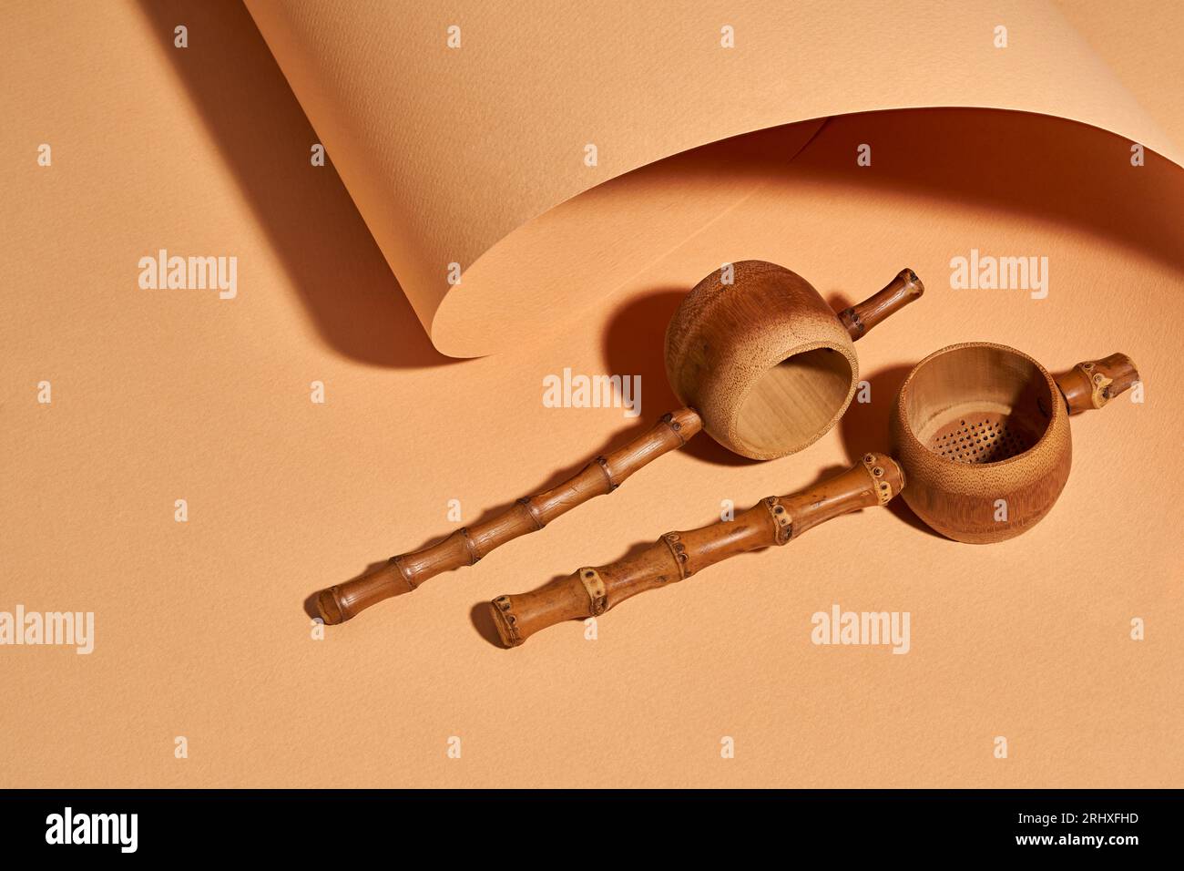 High angle of handmade bamboo tea filters near craft paper background with a beautiful studio Stock Photo