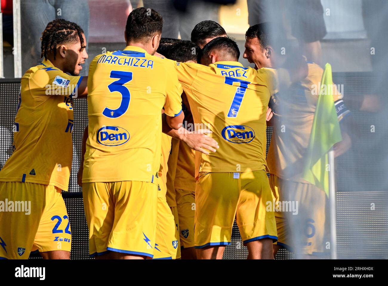 Frosinone, Italy. 19th Aug, 2023. Frosinone players celebrate after Abderrahman Harroui scored on penalty the goal of 1-0 during the Serie A football match between Frosinone Calcio and SSC Napoli at Benito Stirpe stadium in Frosinone (Italy), August 19th, 2023. Credit: Insidefoto di andrea staccioli/Alamy Live News Stock Photo