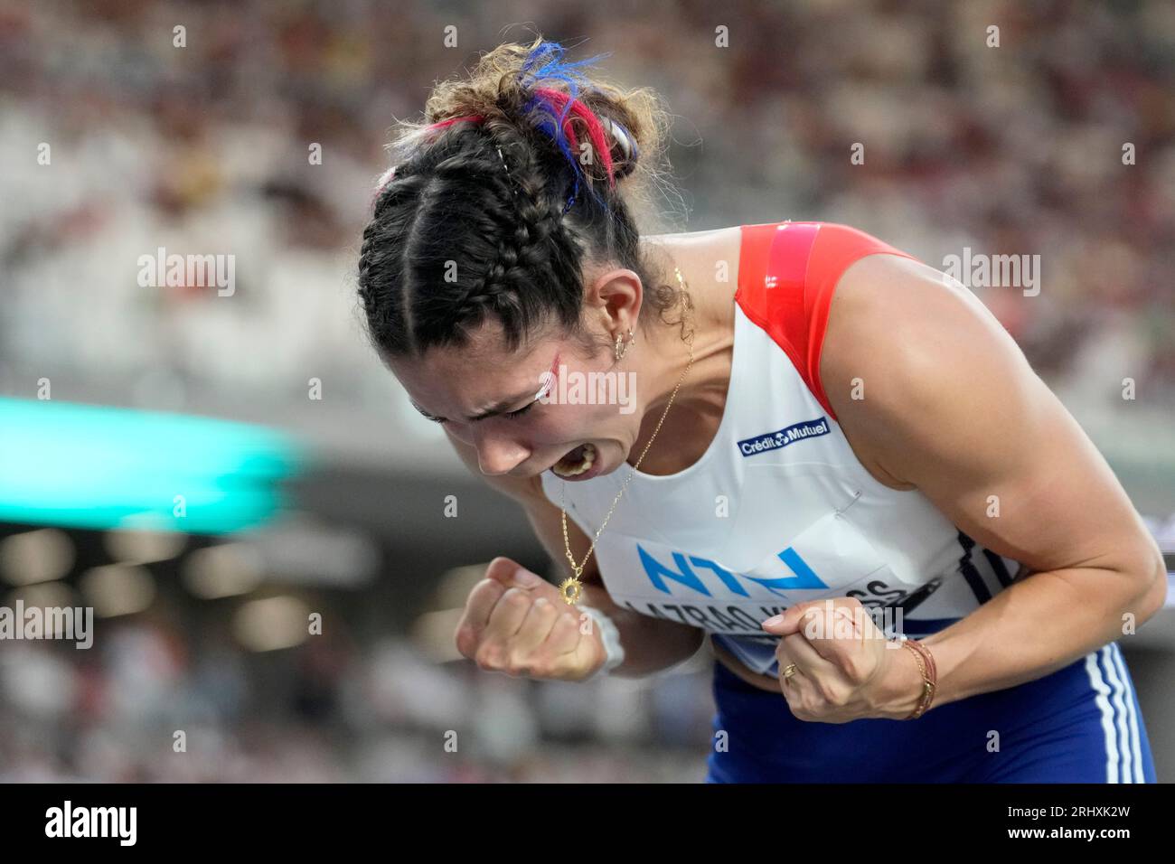 Auriana LazraqKhlass, of France, reacts after an attempt in in in the