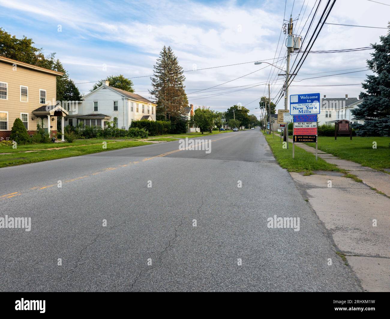 New York Mills, New York Aug 6, 2023 Landscape View of Main Street with a Sign of New