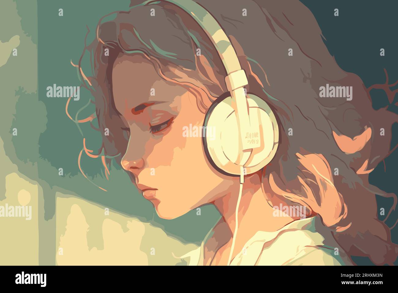 Cute Anime Girl with Headphone Digital Art Stock Illustration, animes  digital 