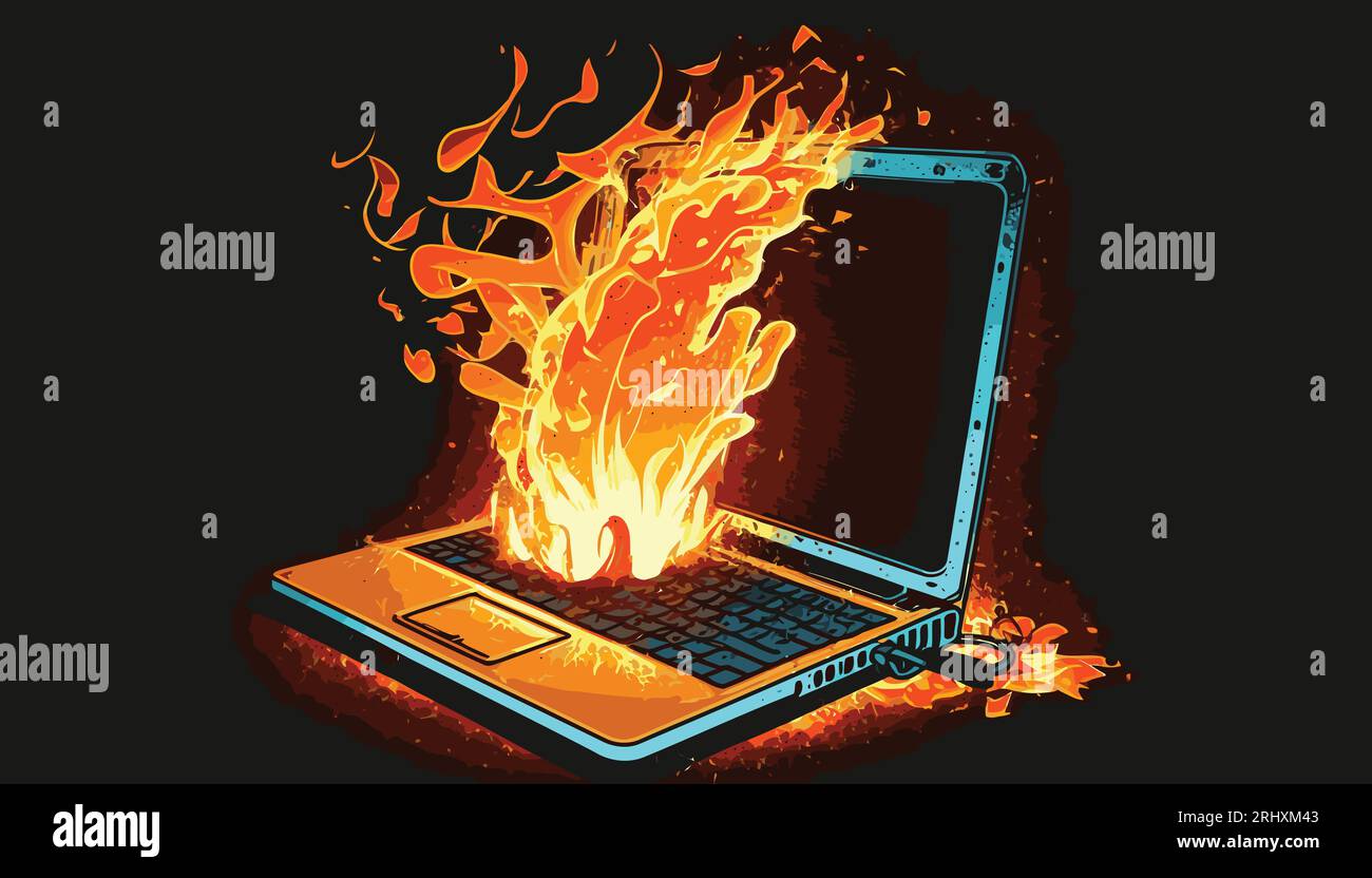 Burning Laptop Illustration. Vector Art. IT Emergency, Putting Out a Fire, Computer Disaster, Technology Services, Break the Internet, On Fire Concept Stock Vector