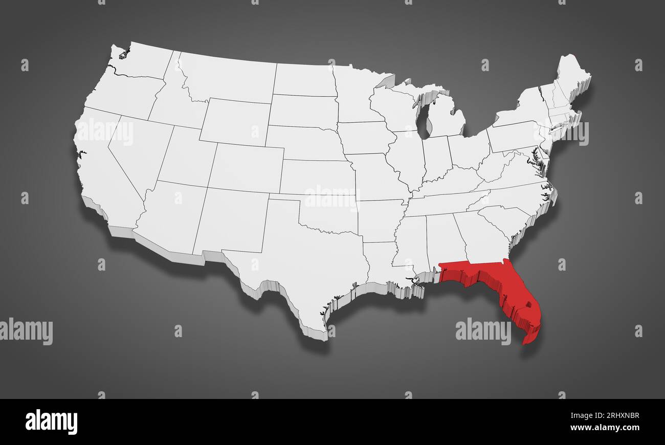 Florida State Highlighted on the United States of America 3D map. 3D