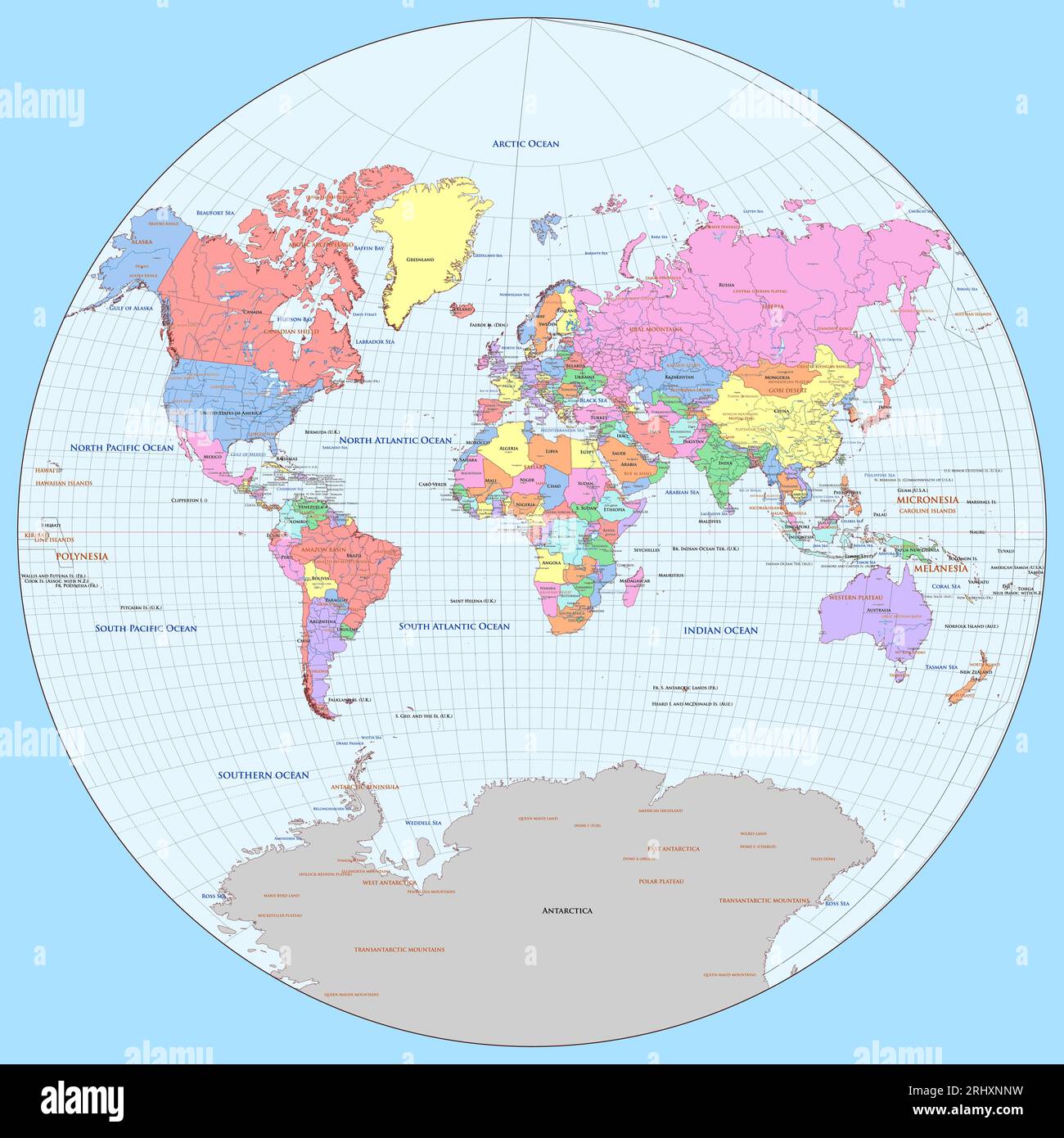 Detailed Political World Map Van Der Grinten Projection Stock Vector