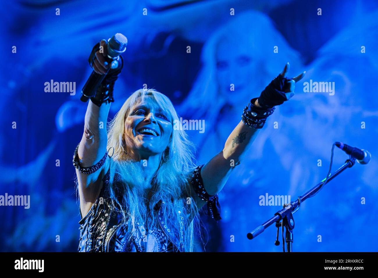 Moravsky Krumlov, Czech Republic. 19th Aug, 2023. German singer Doro Pesch performs during the international music rock-metal festival Rock Castle in Moravsky Krumlov, Czech Republic, August 19, 2023. Credit: Patrik Uhlir/CTK Photo/Alamy Live News Stock Photo