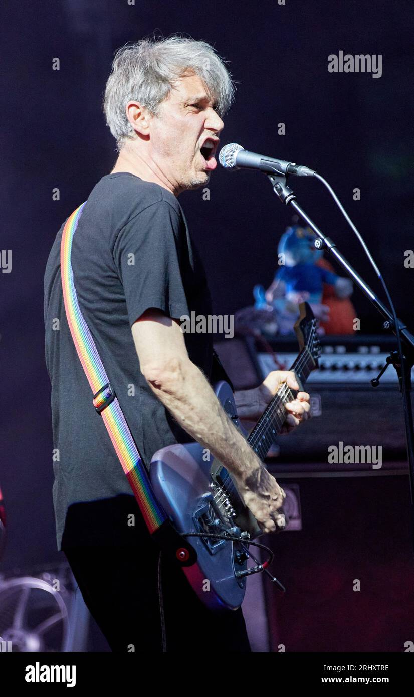 Hamburg, Germany. 19th Aug, 2023. The musician Dirk von Lowtzow from the rock band Tocotronic from Hamburg stands on the open-air stage in the city park. The concert took place as part of the 'Nie wieder Krieg Tour 2023'. Credit: Georg Wendt/dpa/Alamy Live News Stock Photo