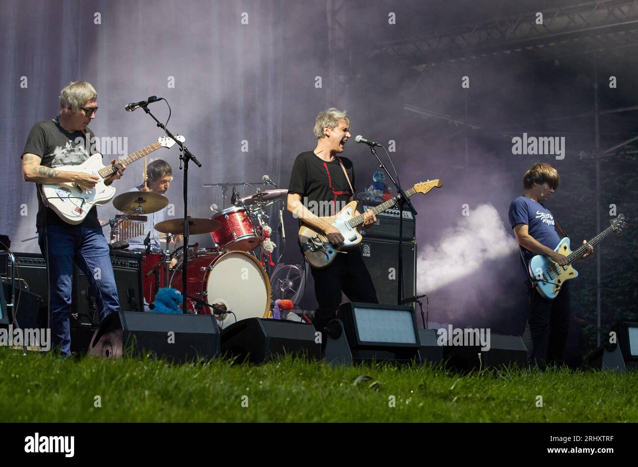 Hamburg, Germany. 19th Aug, 2023. Musician Dirk von Lowtzow (M) performs with his rock band Tocotronic from Hamburg on the open-air stage in Stadtpark. The concert took place as part of the 'Nie wieder Krieg Tour 2023'. Credit: Georg Wendt/dpa/Alamy Live News Stock Photo