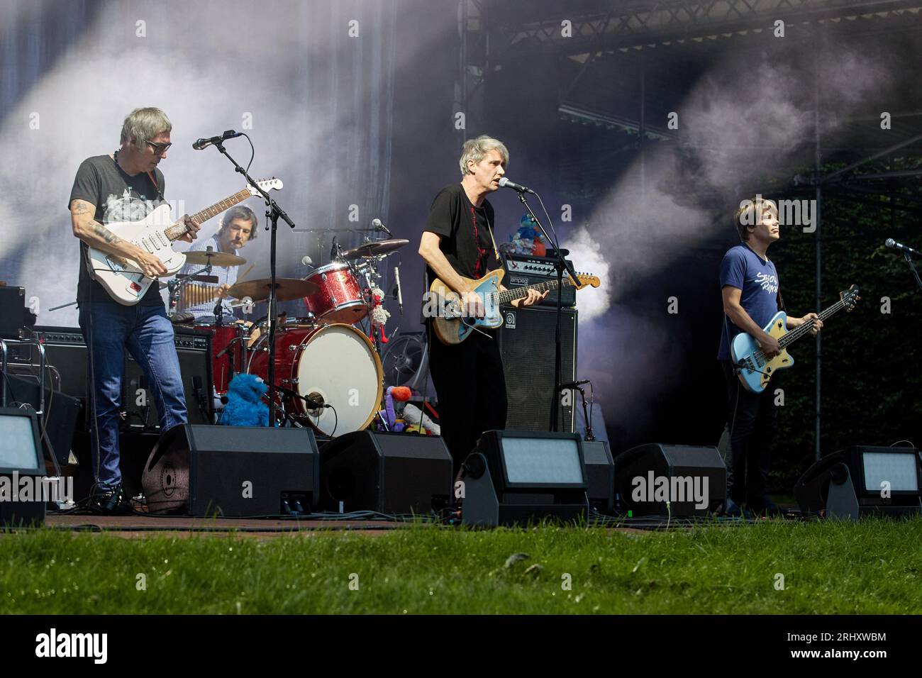 Hamburg, Germany. 19th Aug, 2023. Musician Dirk von Lowtzow (M) performs with his rock band Tocotronic from Hamburg on the open-air stage in Stadtpark. The concert took place as part of the "Nie wieder Krieg Tour 2023". Credit: Georg Wendt/dpa/Alamy Live News Stock Photo