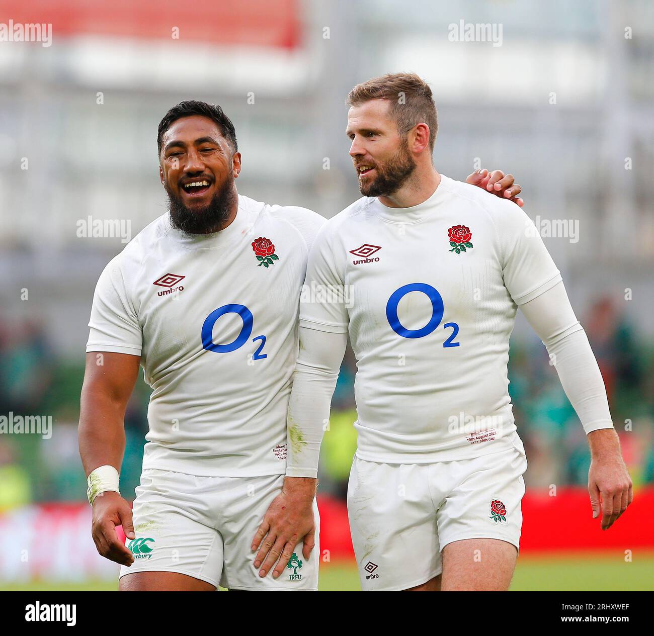 Aviva Stadium, Dublin, Ireland. 19th Aug, 2023. Summer Rugby International,  Ireland versus England; Bundee Aki of Ireland in a England jersey with  Elliot Daly of England after the full time whistle Credit: