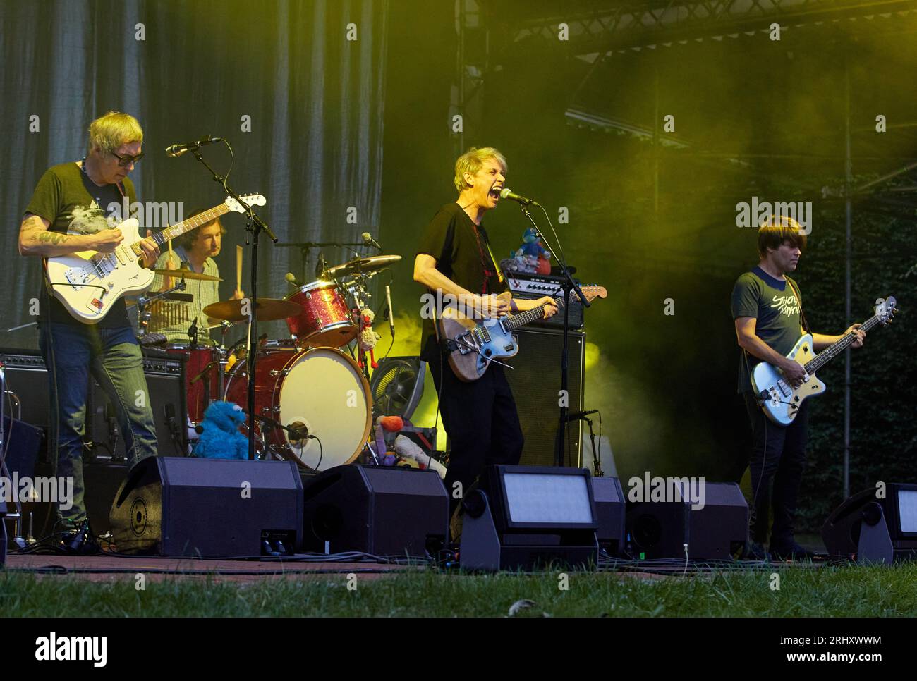 Hamburg, Germany. 19th Aug, 2023. Musician Dirk von Lowtzow (M) performs with his rock band Tocotronic from Hamburg on the open-air stage in Stadtpark. The concert took place as part of the 'Nie wieder Krieg Tour 2023'. Credit: Georg Wendt/dpa/Alamy Live News Stock Photo