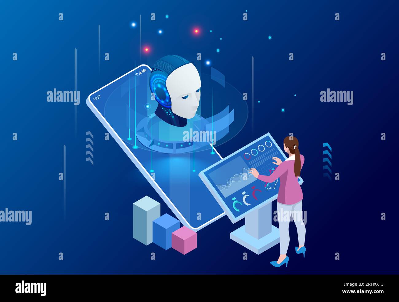 Isometric Artificial Intelligence, Knowledge Expertise Intelligence Learn. Internet connect Chat, Chat with AI, Artificial Intelligence. Stock Vector
