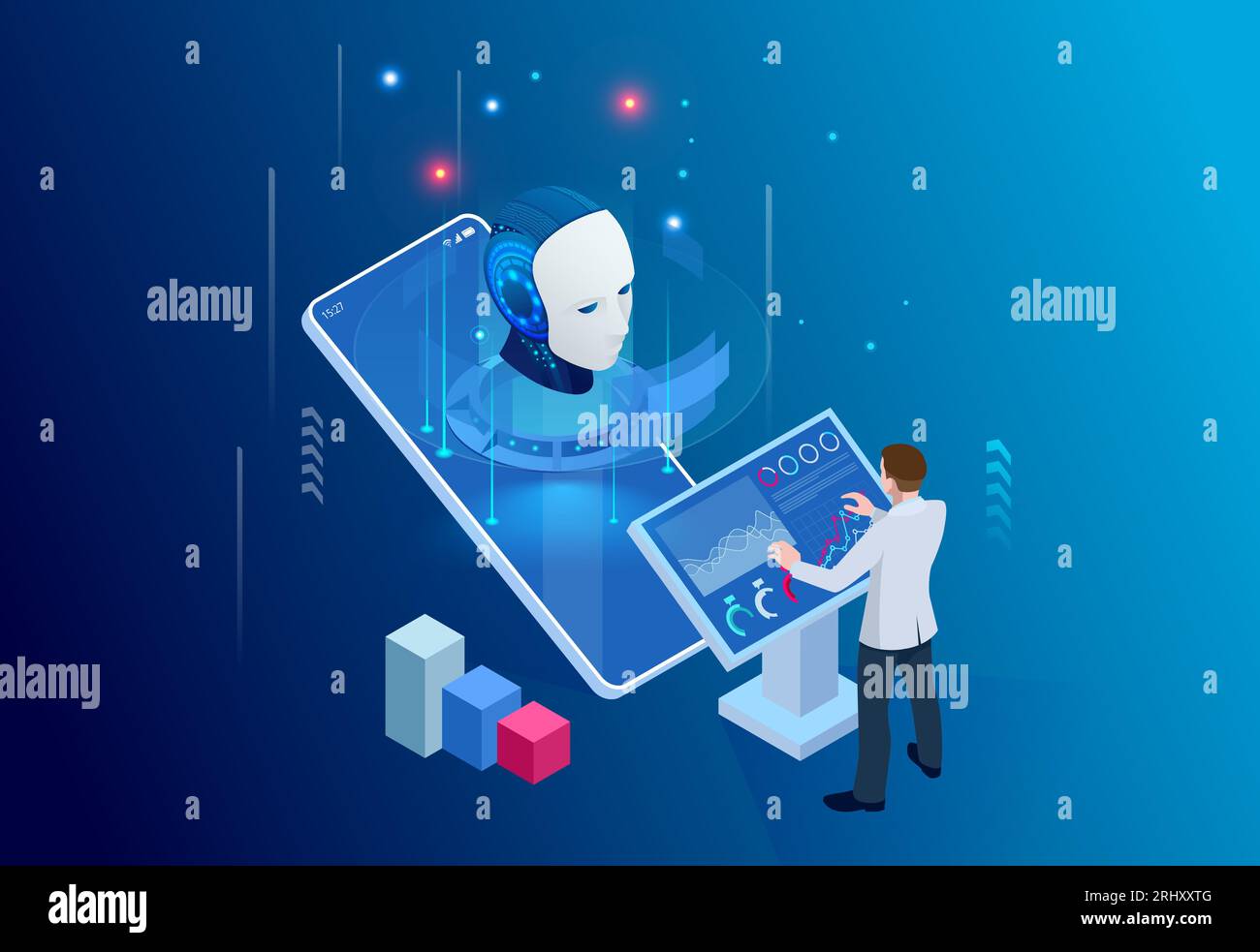 Isometric Artificial Intelligence, Knowledge Expertise Intelligence Learn. Internet connect Chat, Chat with AI, Artificial Intelligence. Stock Vector