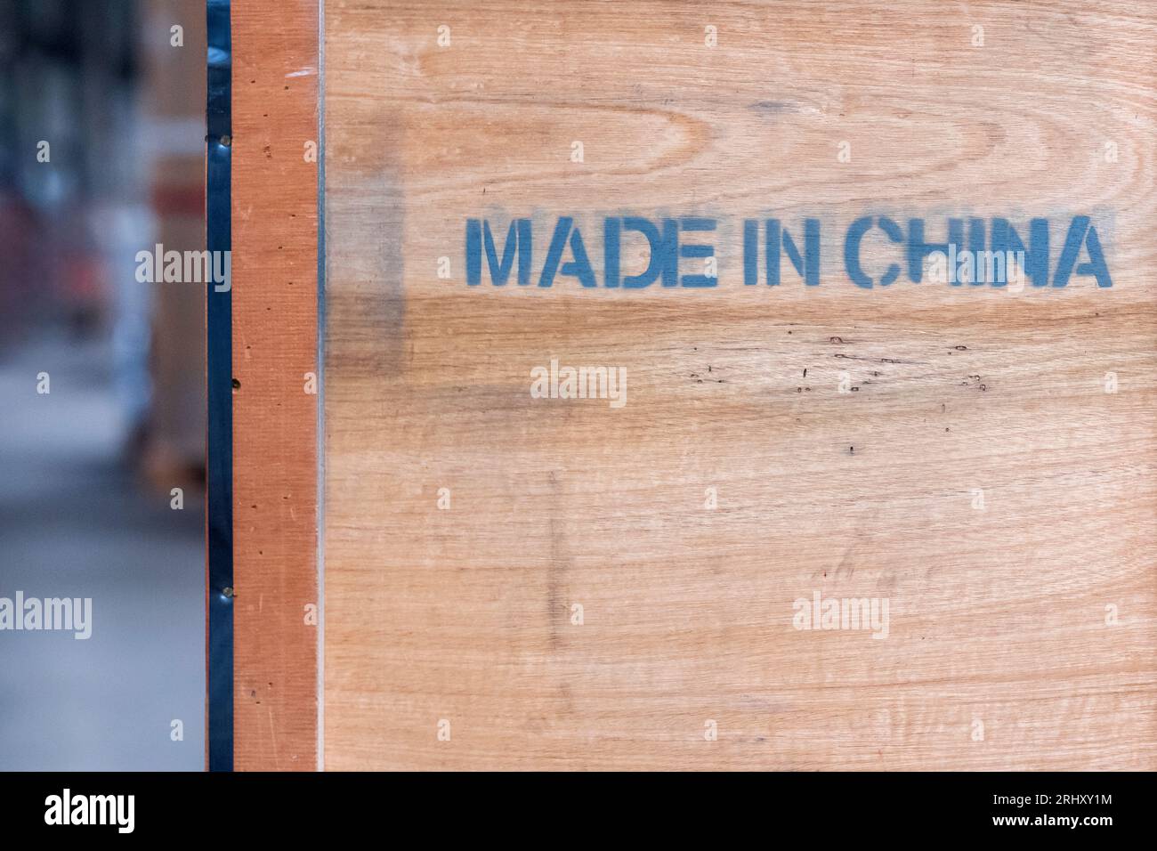 Wooden box in the warehouse of a German shipping company with the inscription Made in China Stock Photo