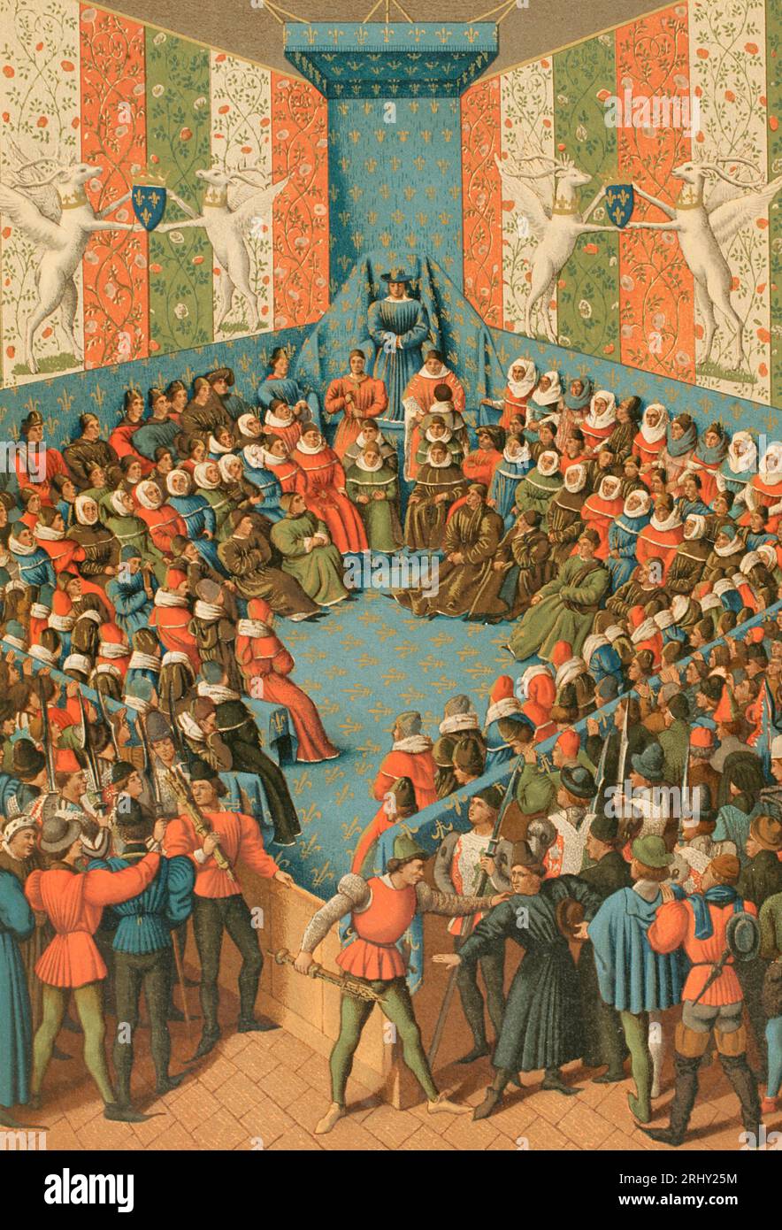 Charles VII (1403-1461). King of France (1422-1461). Charles VII presiding over the judgment of John II of Alençon (1409-1476) at the Château de Vendome in 1458. John II was allied with the English and accused of conspiring against France during the Hundred Years' War. Chromolithography after a 15th-century miniature by Jean Fouquet. 'Vie Militaire et Religieuse au Moyen Age et à l'Epoque de la Renaissance'. Paris, 1877. Stock Photo