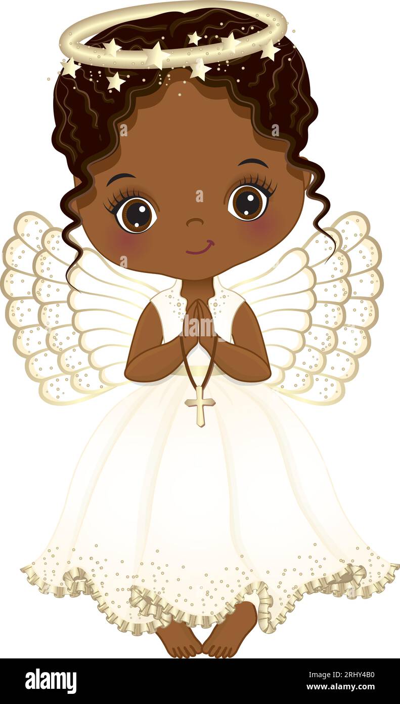 Vector Cute African American Girl Angel Holding Cross, Praying Stock ...