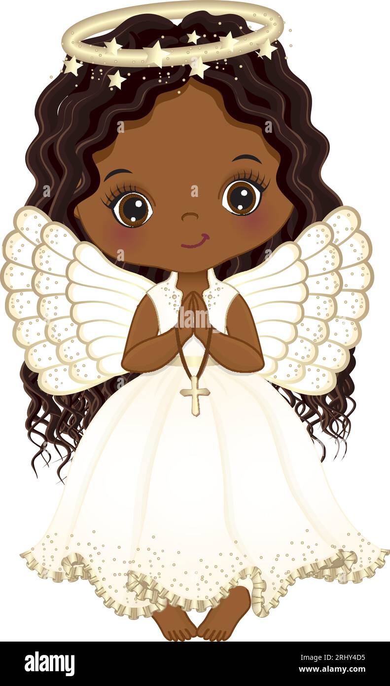 Vector Cute African American Girl Angel Holding Cross, Praying Stock