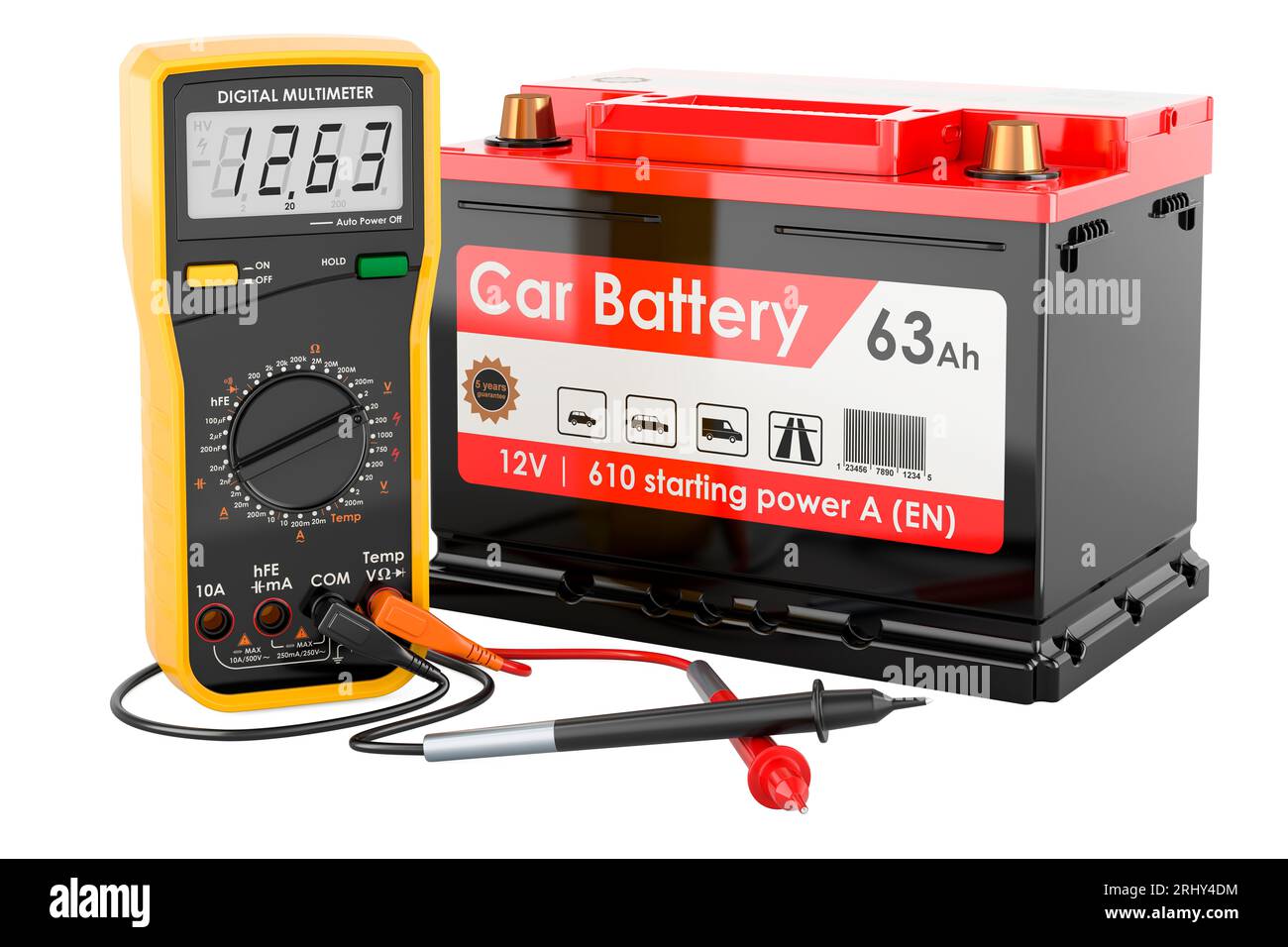 Digital multimeter and car battery, 3D rendering isolated on white background Stock Photo