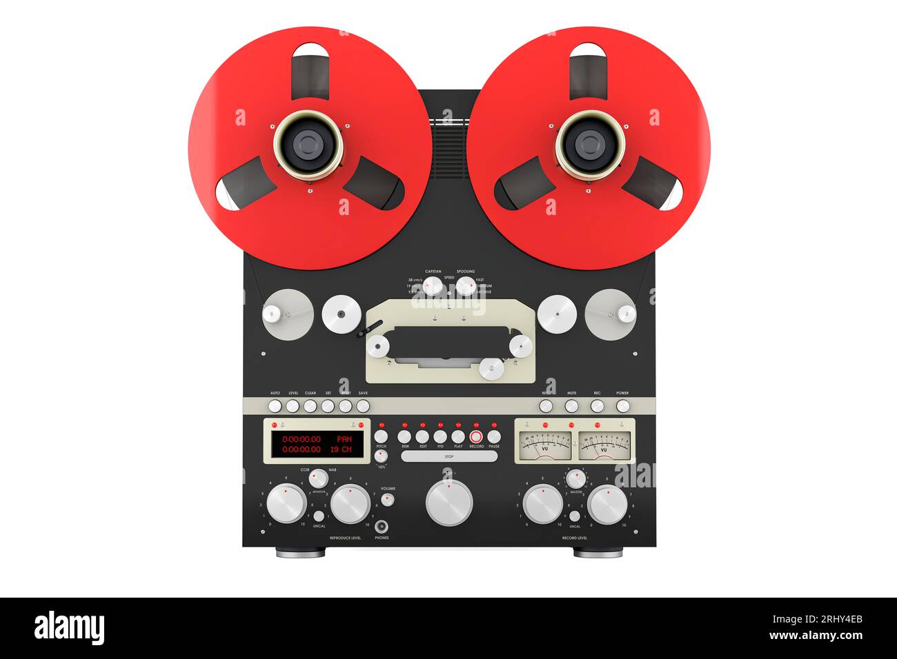 Retro reeltoreel tape recorder, front view. 3D rendering isolated on