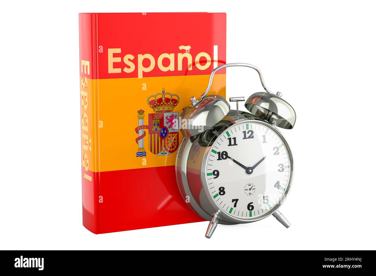 Spanish language textbook with alarm clock. Time to learn Spanish