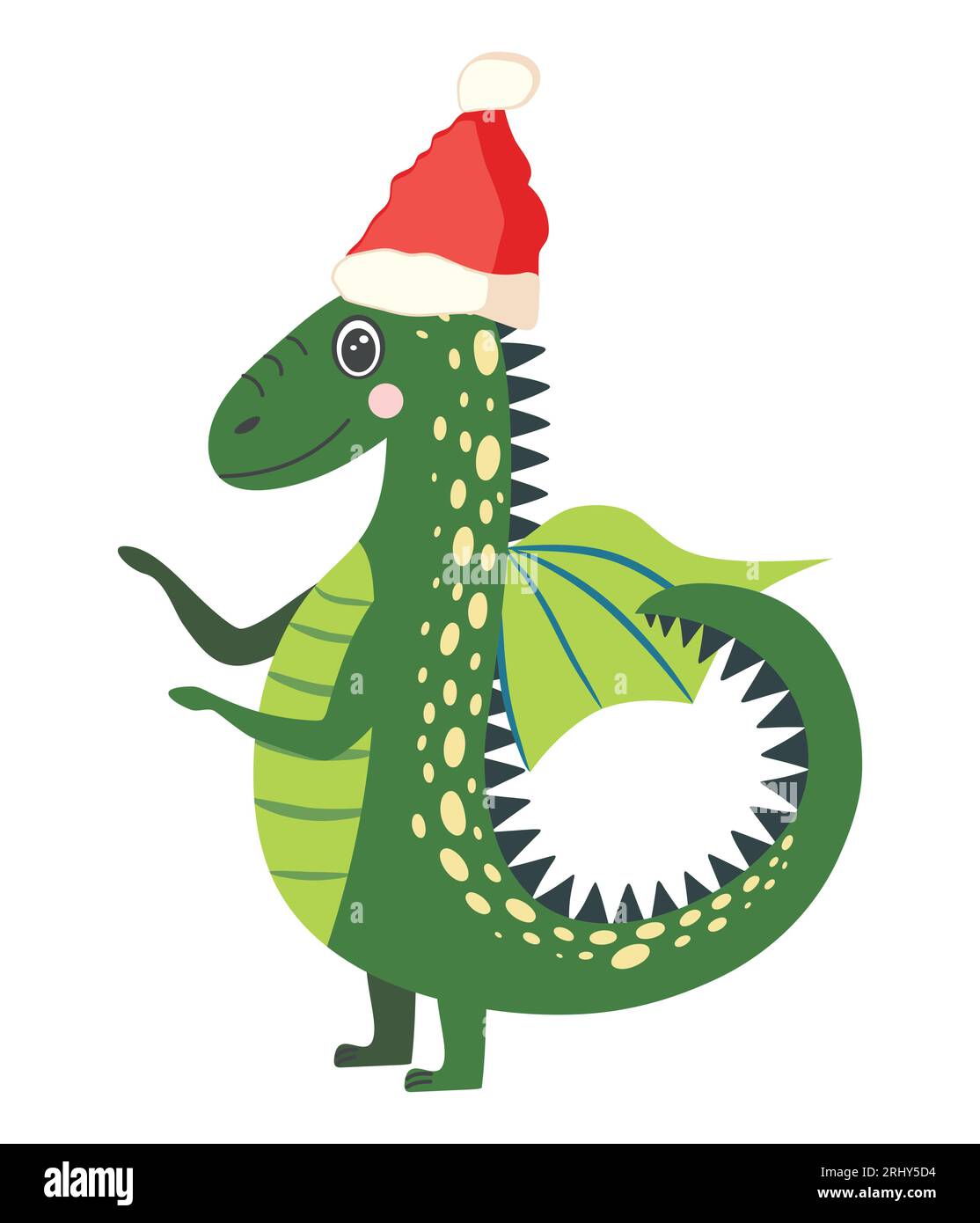 Cute green christmas dragon in santa hat. Year of the Dragon 2024