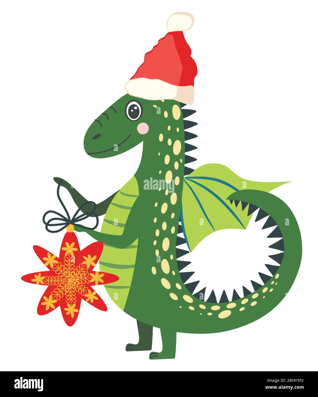 Cute green christmas dragon in santa hat. Year of the Dragon 2025