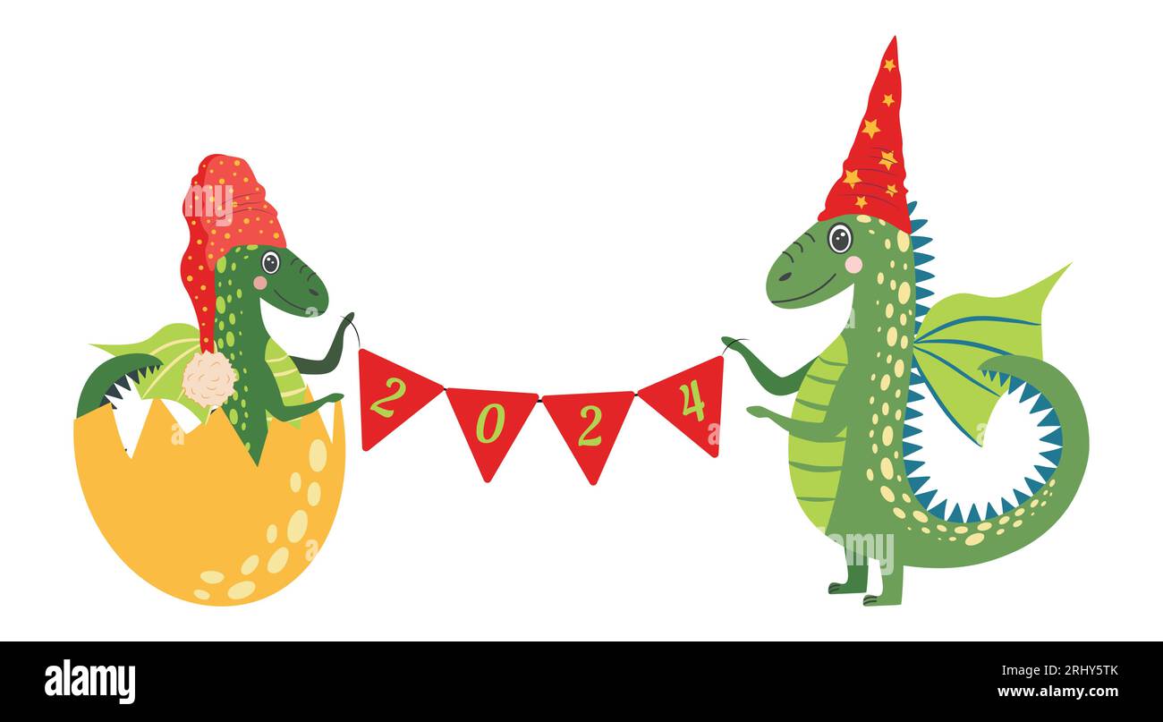 Year of the Dragon 2024, Chinese calendar. Cute dragons and inscription