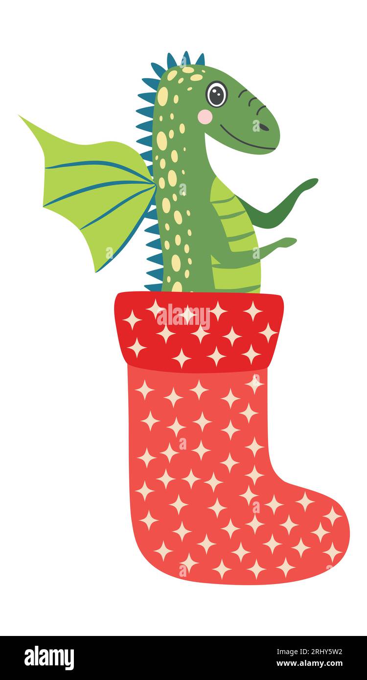 Cute green christmas dragon in santa hat. Year of the Dragon 2024