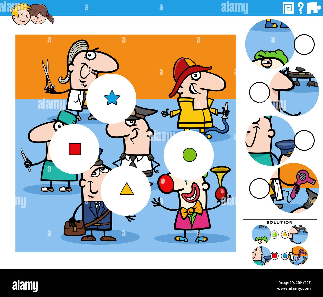 Cartoon illustration of educational match the pieces jigsaw puzzle task