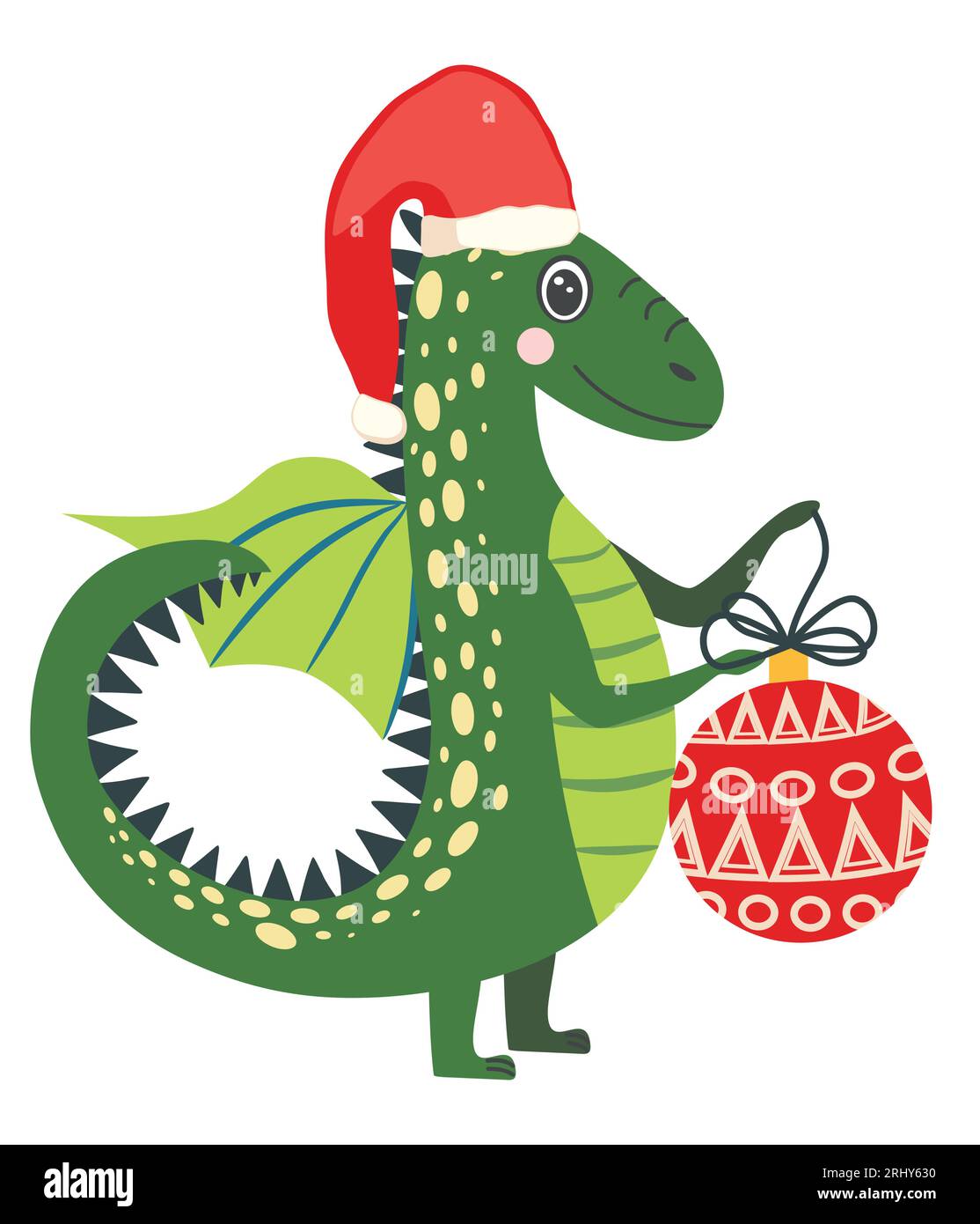 Cute green christmas dragon in santa hat. Year of the Dragon 2025
