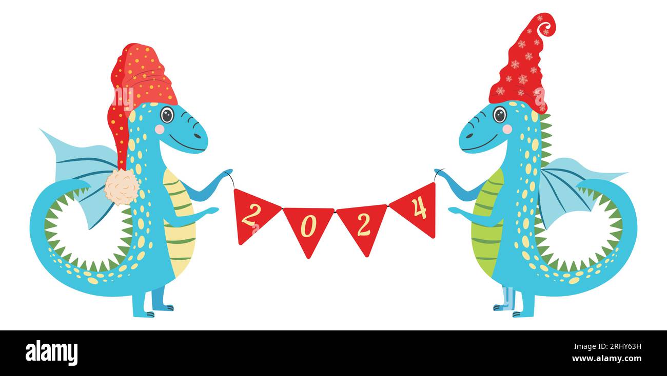 Year of the Dragon 2024, Chinese calendar. Cute dragons and inscription