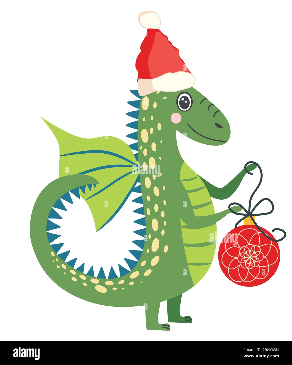 Cute green christmas dragon in santa hat. Year of the Dragon 2025