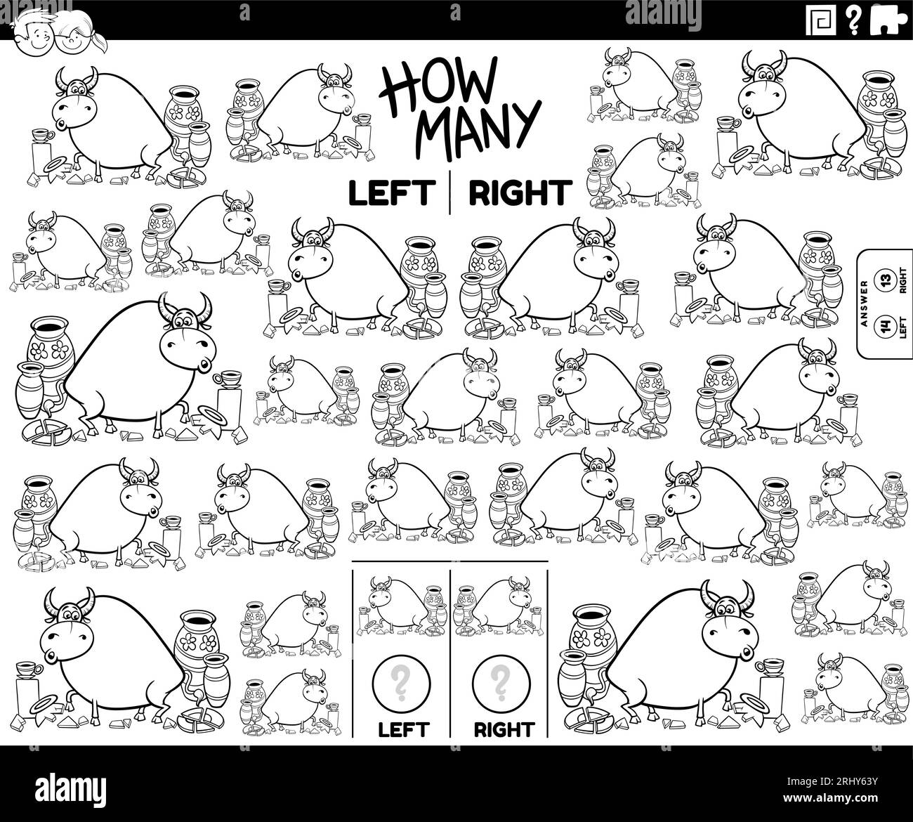 Black and white cartoon illustration of educational game of counting left and right oriented pictures of bull in a china shop coloring page Stock Vector