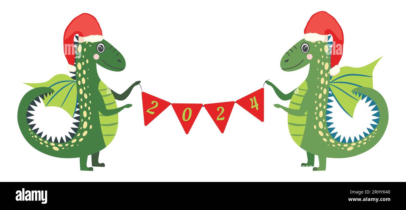 Year of the Dragon 2024, Chinese calendar. Cute dragons and inscription