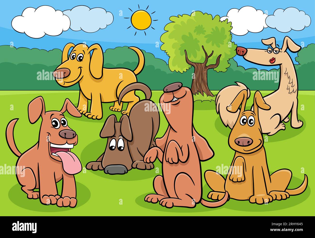 Cartoon illustration of funny dogs and puppies animal characters group in the meadow or park Stock Vector