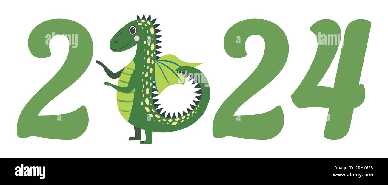 Year of the Dragon 2024, Chinese calendar. Cute dragons and inscription