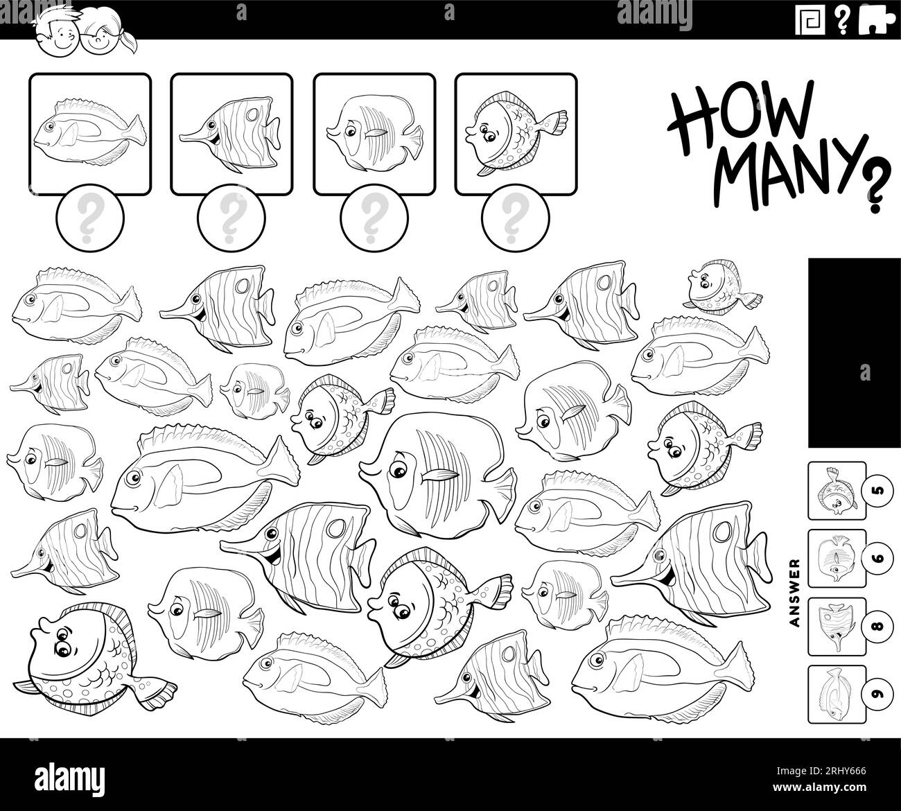 Black and white illustration of educational counting activity with