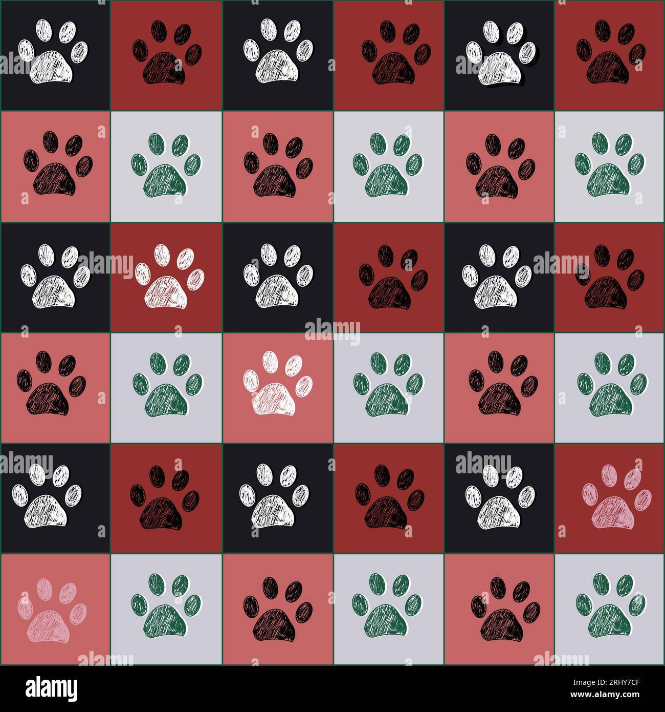 Plaid pattern Christmas design with paw prints seamless fabric design pattern Stock Vector
