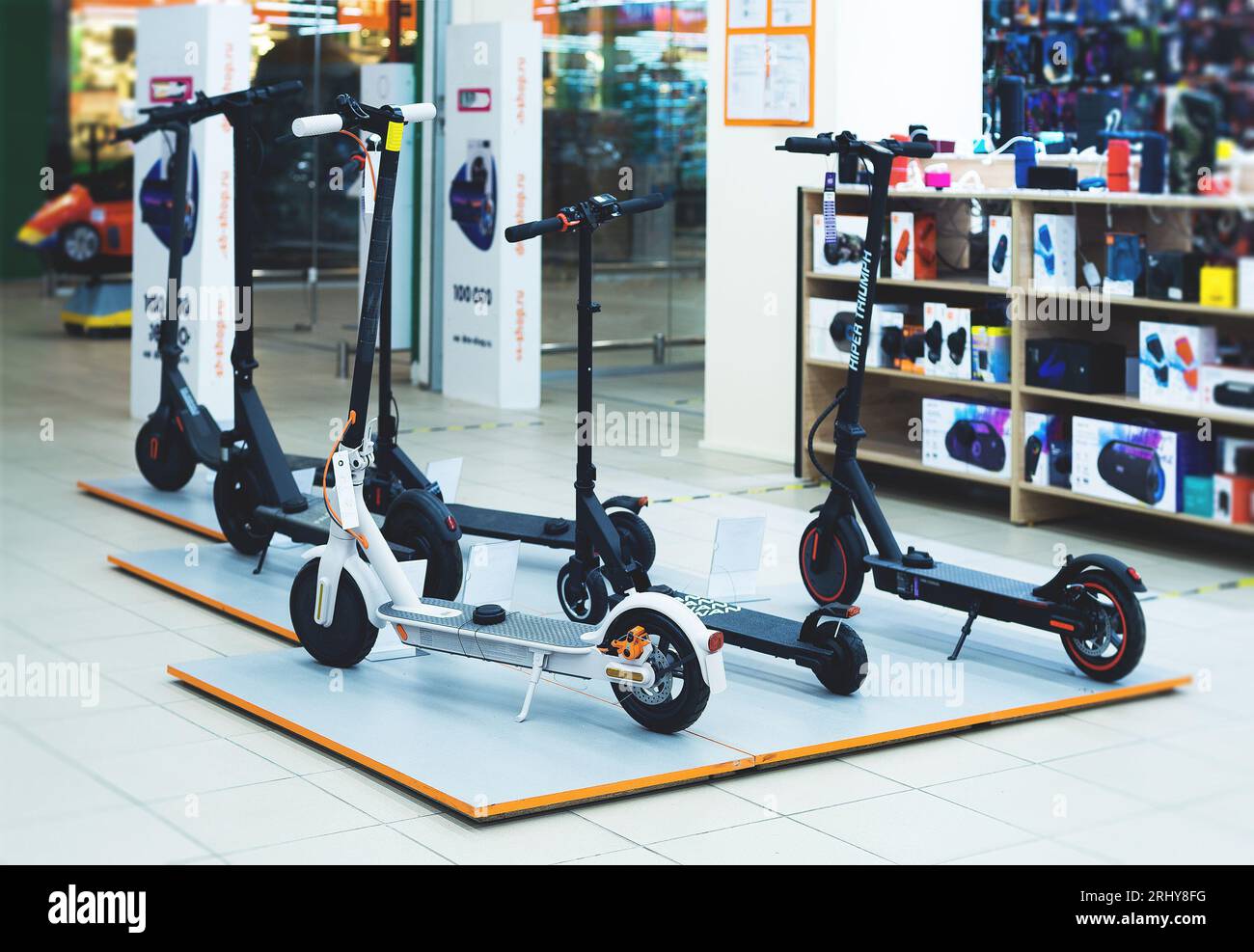 Xiaomi electric drive kick scooters at sale Stock Photo