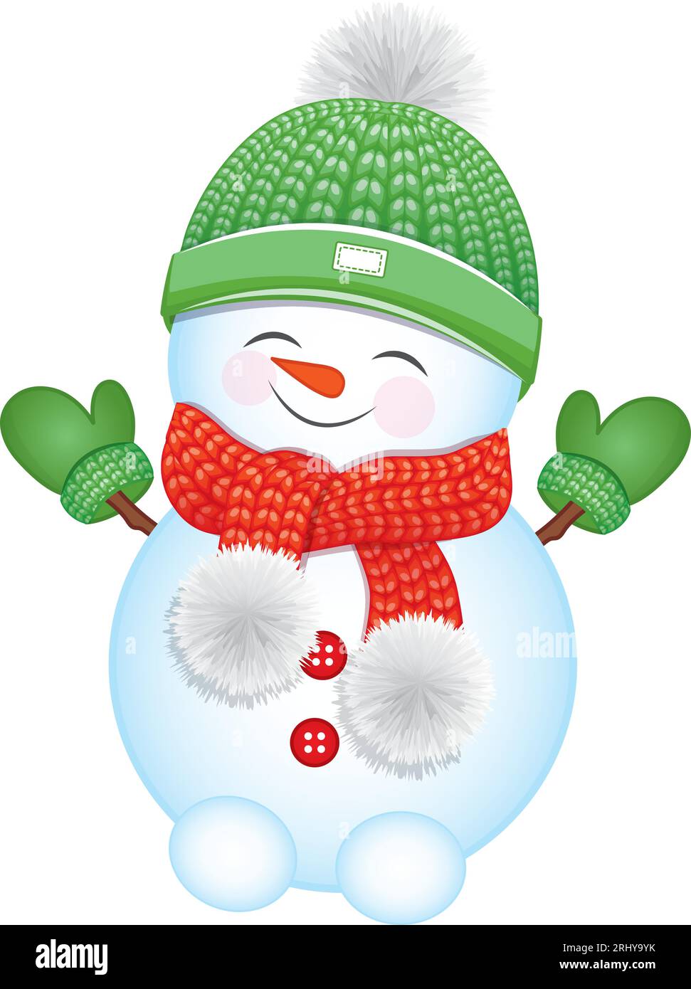 Cute Snowman in Knitted Hat with Pom Poms, Scarf and Mittens. Vector ...