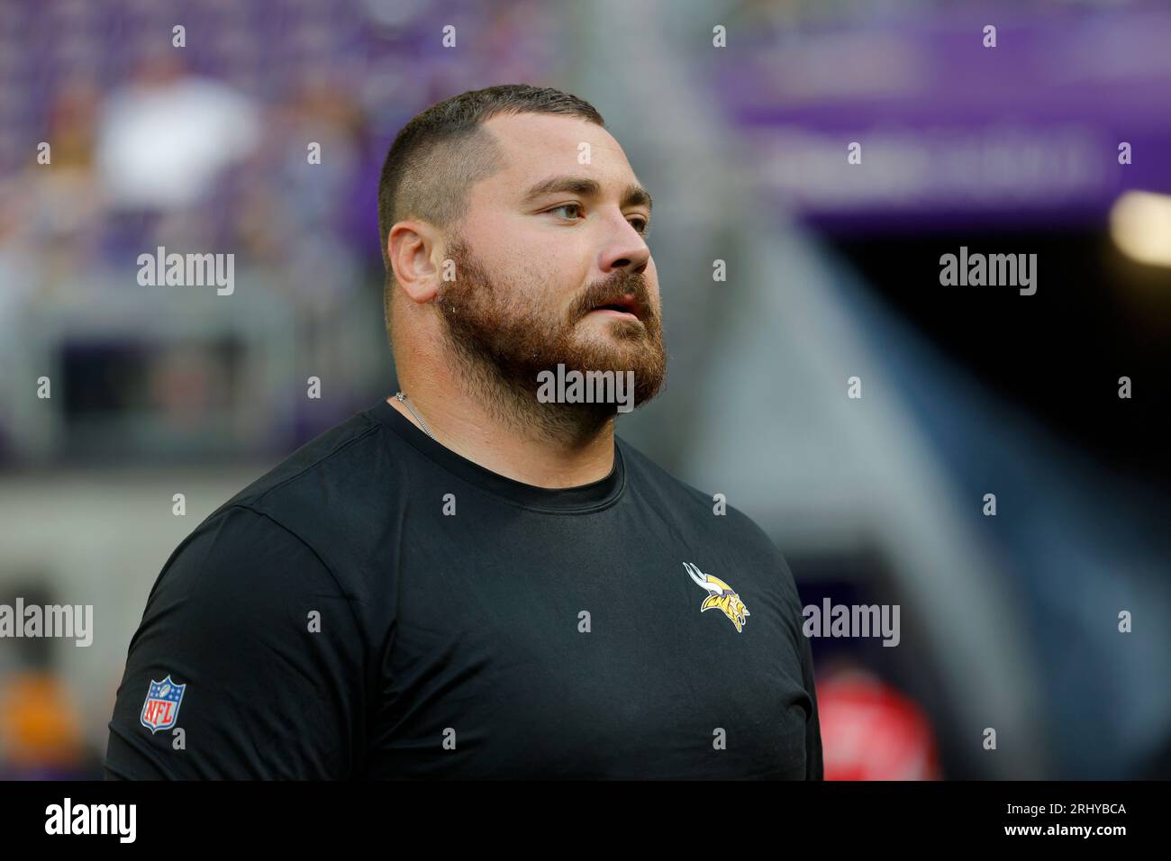 Minnesota Vikings defensive tackle Harrison Phillips walks on the field  during warm ups before the first half of an NFL football game agains the  Tennessee Titans, Saturday, Aug. 19, 2023, in Minneapolis. (