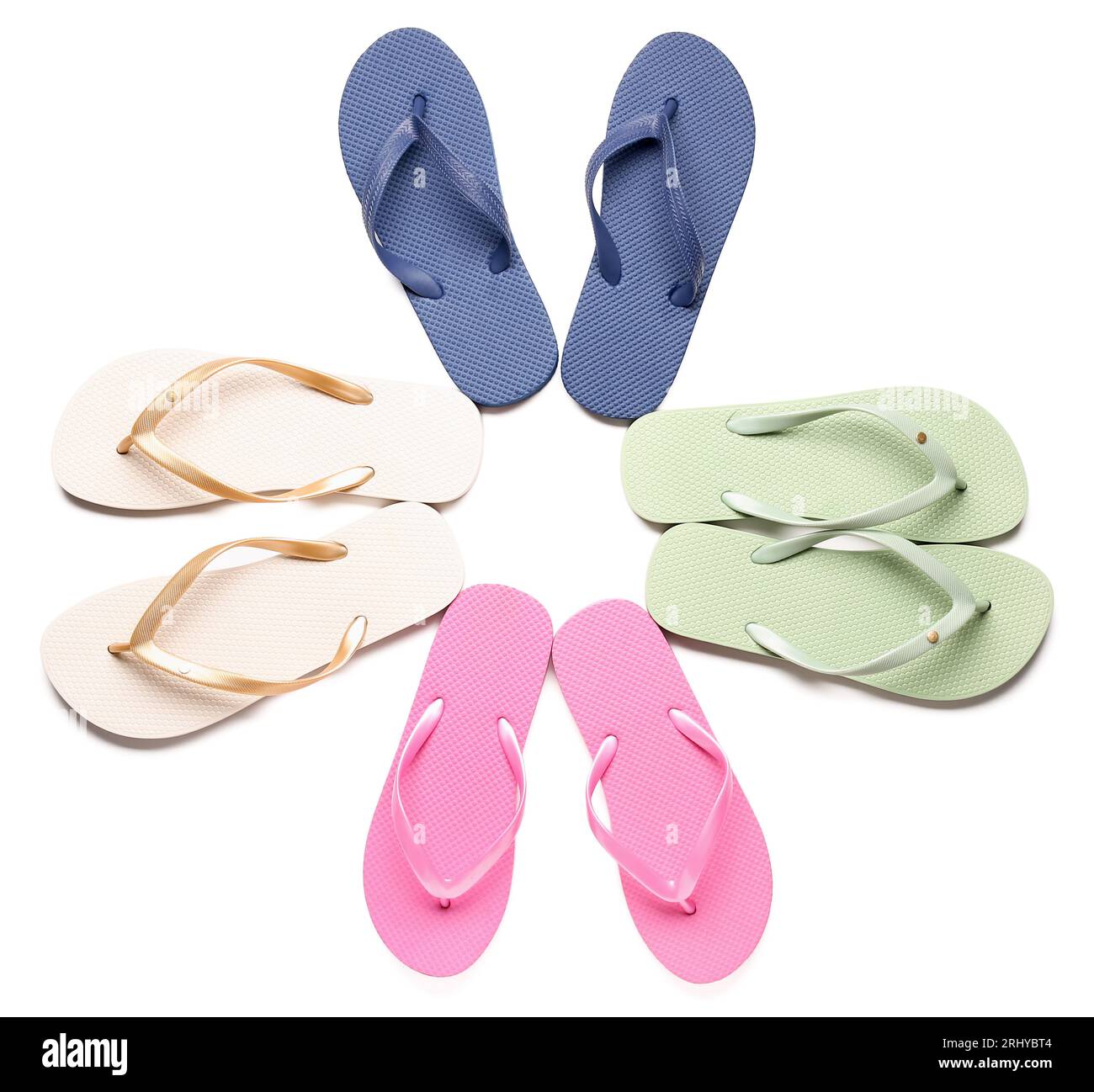 Frame made of colorful pairs of female flip flops on white background ...