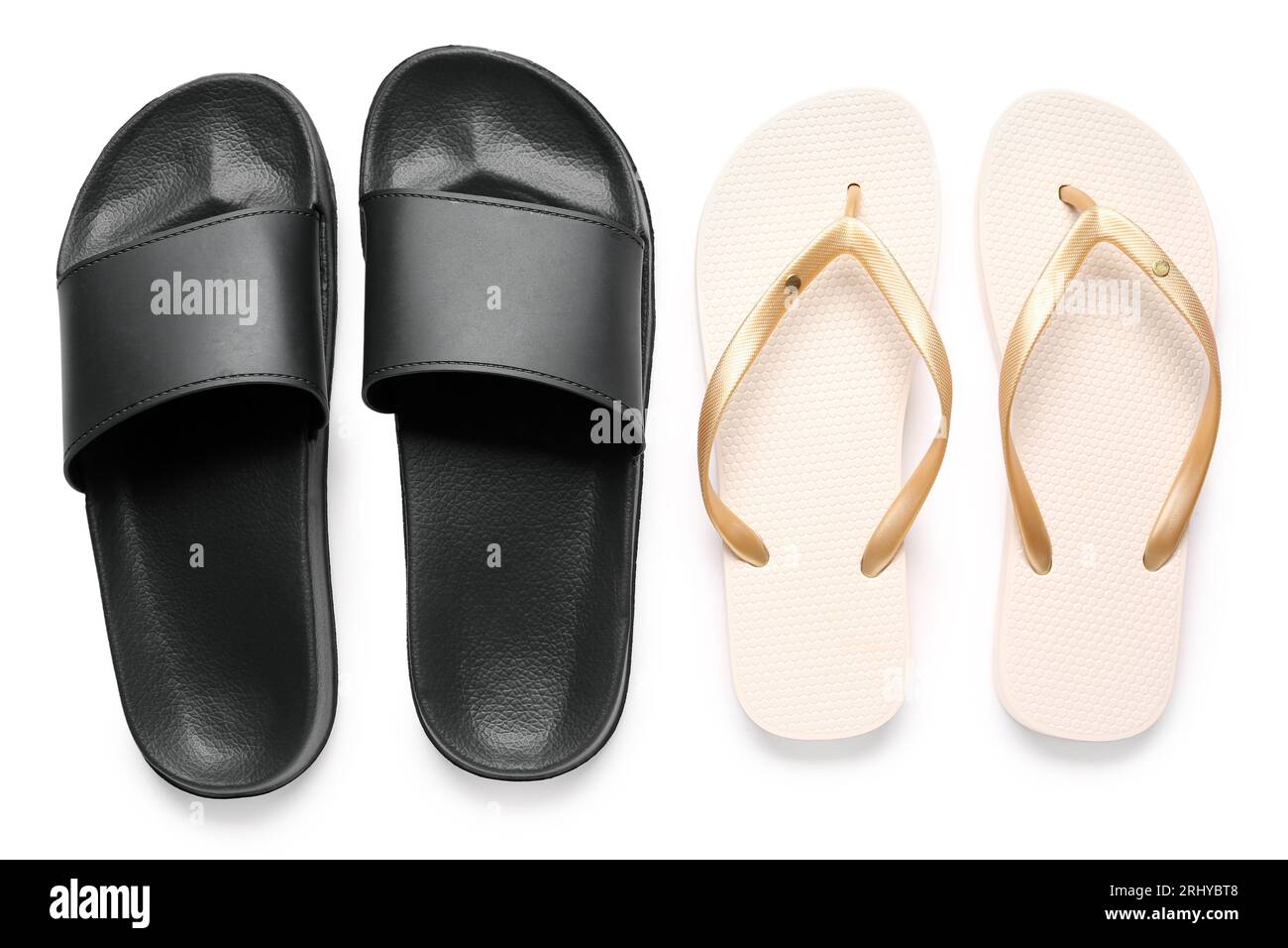 Colorful pairs of female flip flops on white background Stock Photo - Alamy