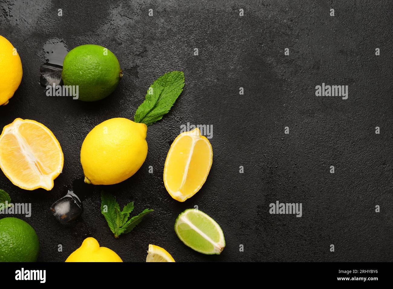 Ingredients for preparing lemonade on black background Stock Photo
