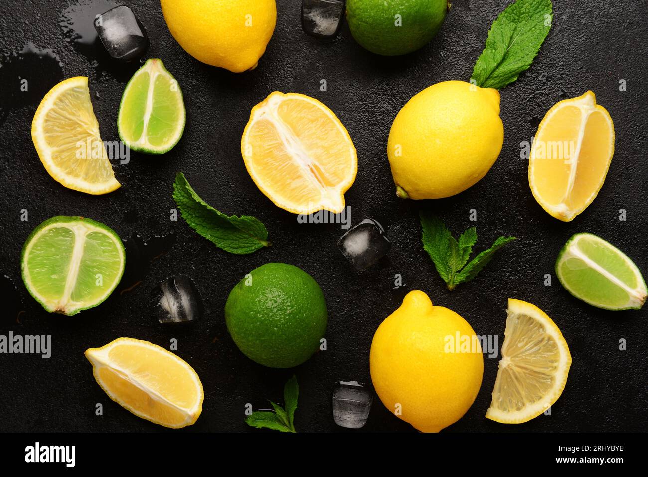 Ingredients for preparing lemonade on black background Stock Photo
