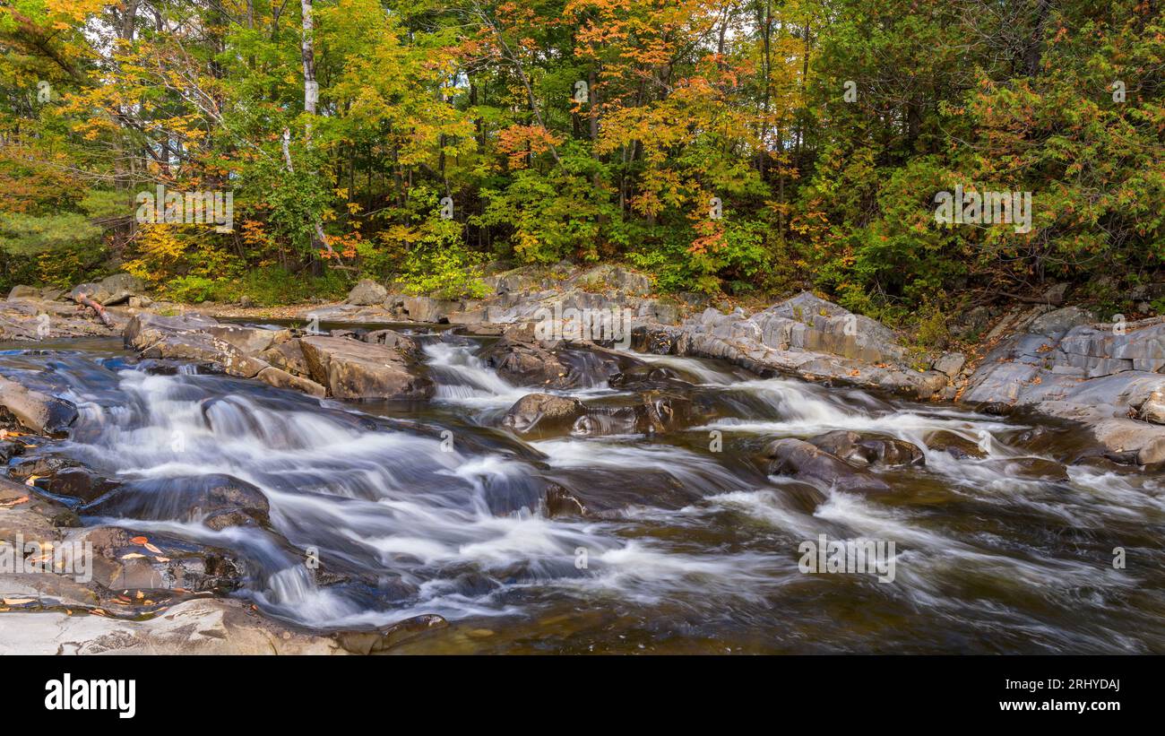 Sandy River - A closeup view of rocky Sandy River on a colorful Autumn morning at Madrid, Maine, USA. Stock Photo