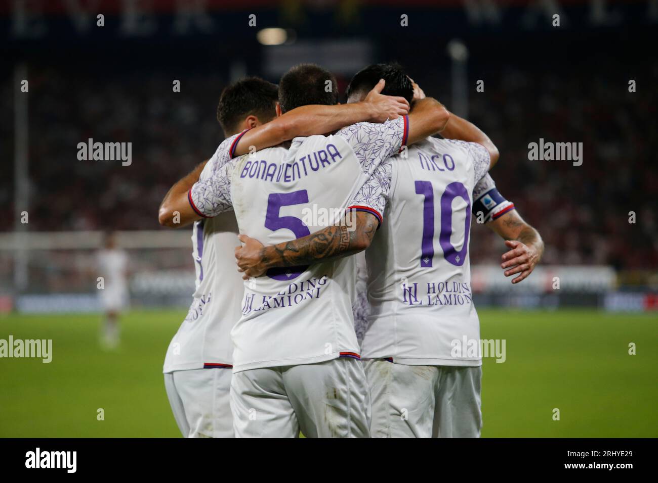 Nicolas Gonzalez of Acf Fiorentina Celebrating with team mates during the Italian Serie A, football match between Genoa Cfc and Acf Fiorentina on 19 A Stock Photo